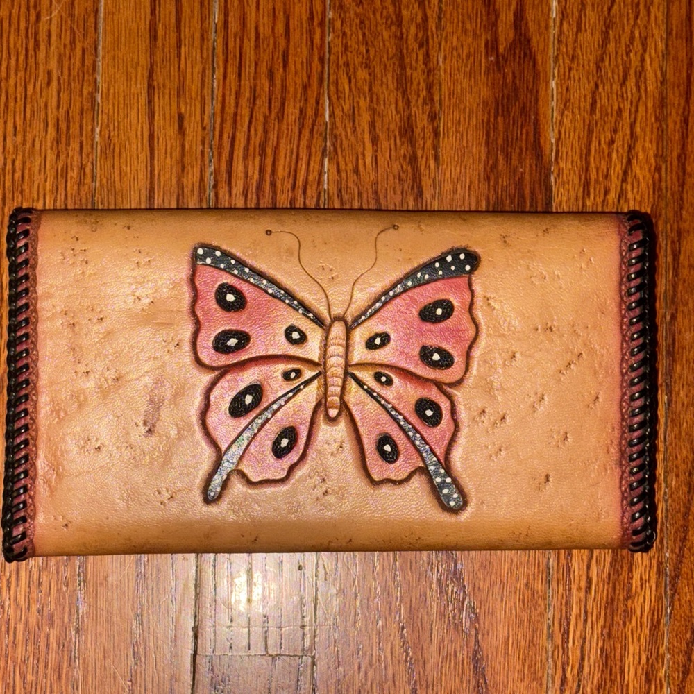Vintage 1970’s Large Hand-Tooled Leather Butterfly Wallet Aaron Wade Texas